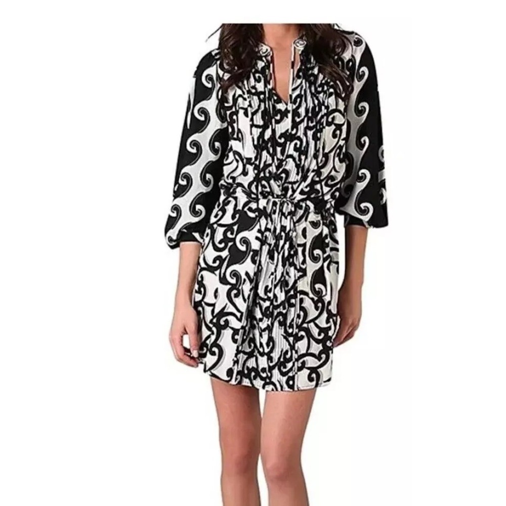 DIANE VON FURSTENBERG Diced Embellished‎ Dress Silk Broken Waves Pockets Size 2